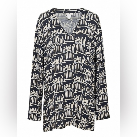 Tory Burch Silk V-Neck Blouse | Abstract Print | Navy & Ivory | XL - Picture 2 of 6